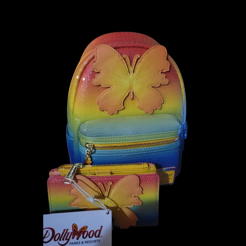 Loungefly Dollywood Rainbow Sequin Butterfly Matching Set. Nwt. Price Is Firm